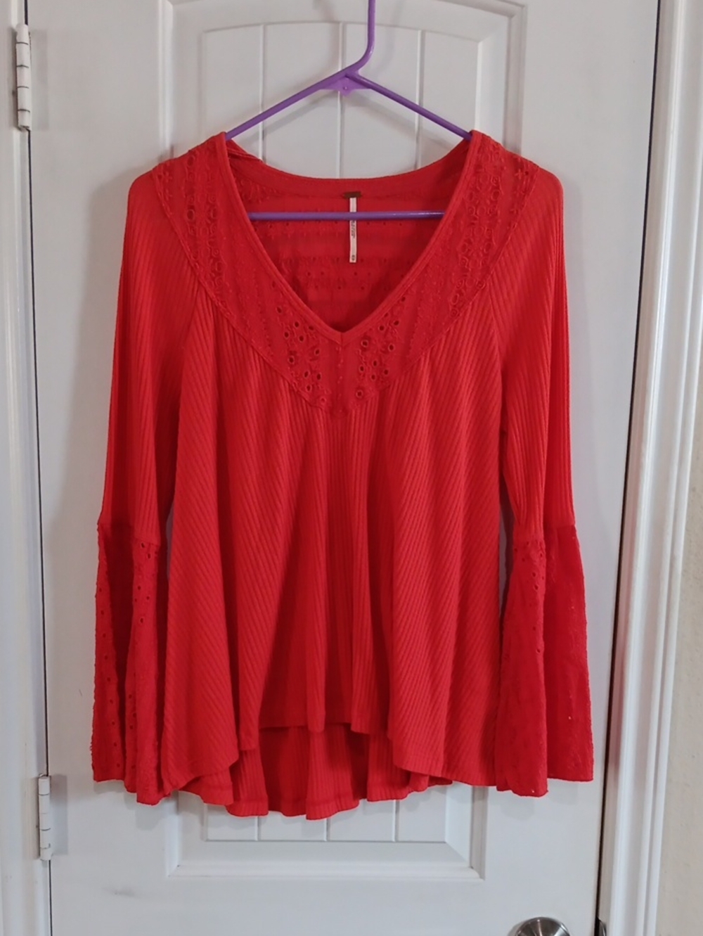 Free People Y2K Style Parisian Nights Bell Sleeve Boho Ribbed Top Red XS